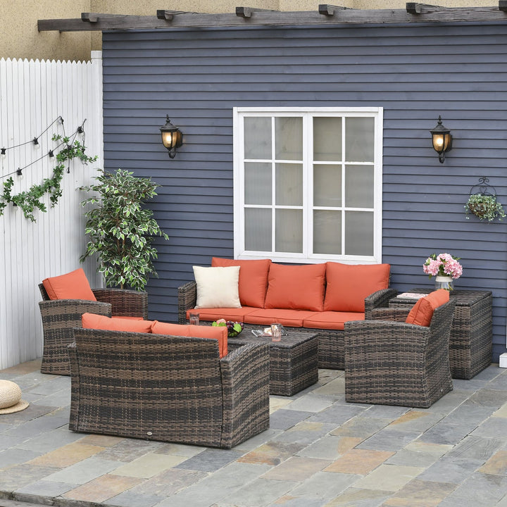 6pc Premium PE Rattan Wicker Conversation Patio Set w/ Cushion Storage, 2 Tables, Brown, Orange