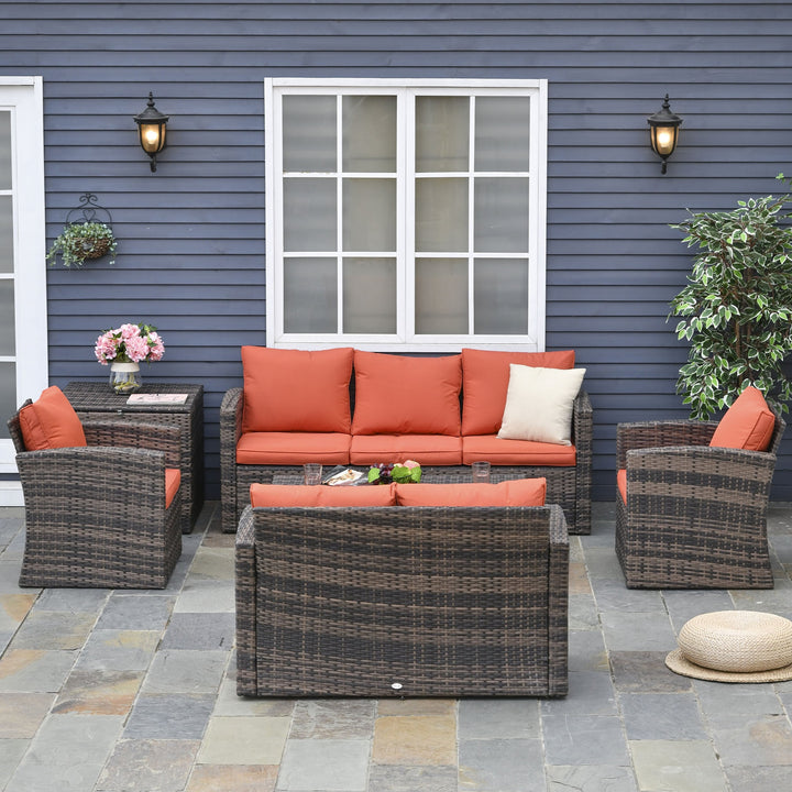 6pc Premium PE Rattan Wicker Conversation Patio Set w/ Cushion Storage, 2 Tables, Brown, Orange