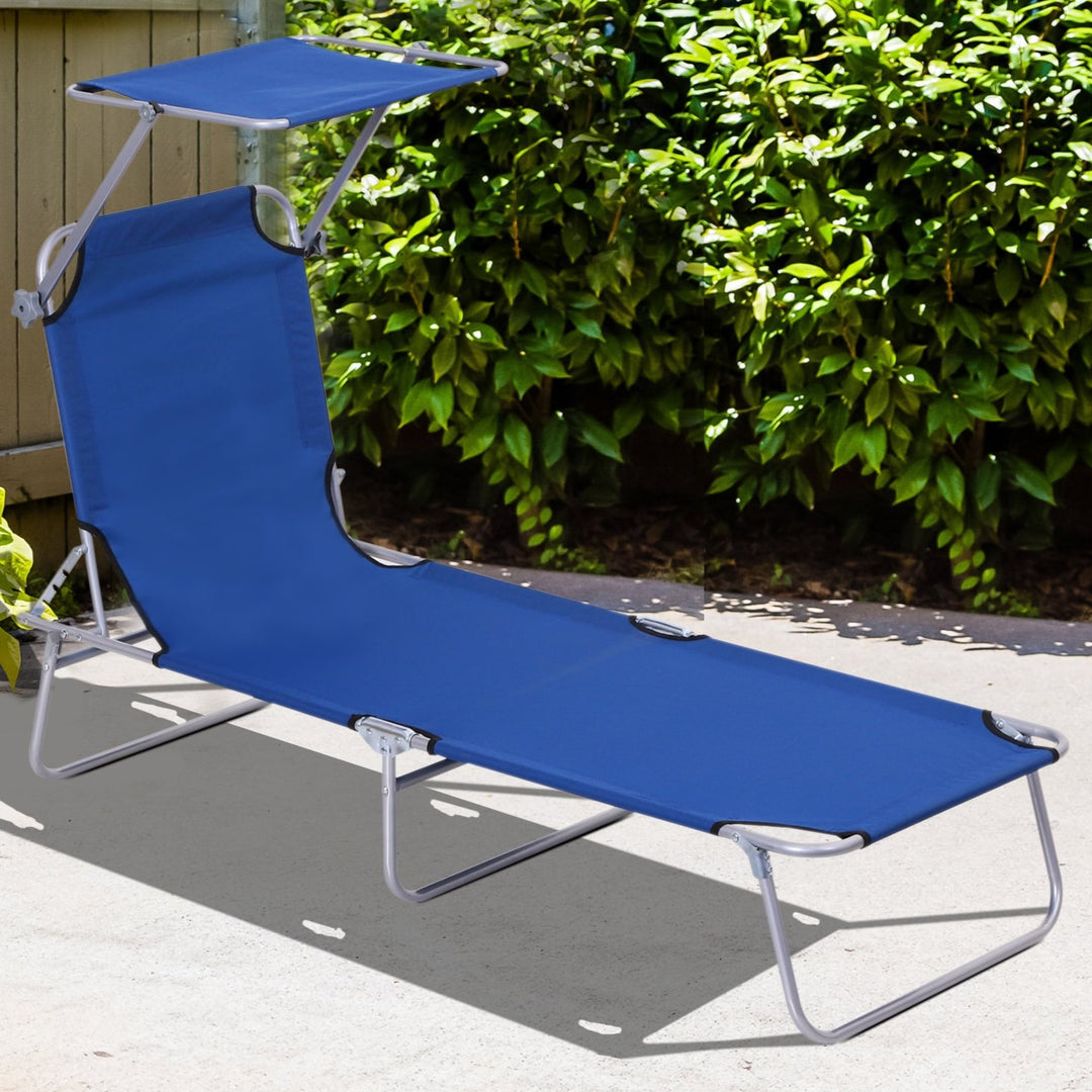 4-Level Folding Chaise Flat Recliner Seat Chair Lounger Cot w Sun Shade Beach Patio Deck, Blue