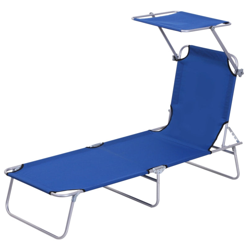 4-Level Folding Chaise Flat Recliner Seat Chair Lounger Cot w Sun Shade Beach Patio Deck, Blue