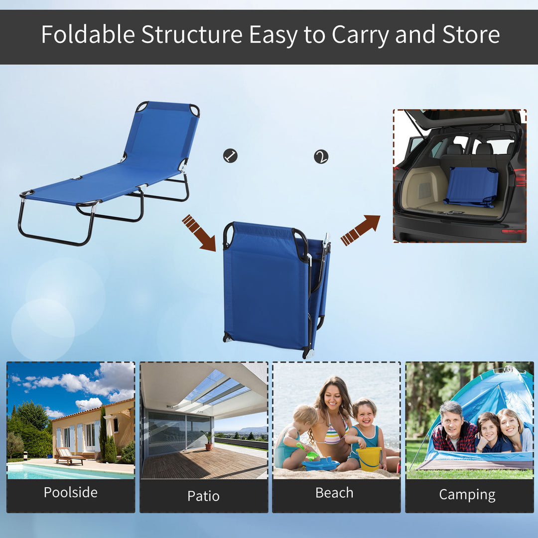 4-Level Folding Chaise Flat Recliner Seat Chair Lounger Cot w Sun Shade Beach Patio Deck, Blue