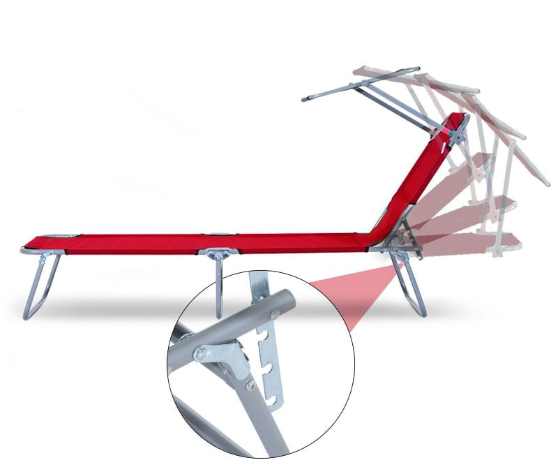 4-Level Folding Chaise Flat Recliner Seat Chair Lounger Cot w Sun Shade Beach Patio Deck, Red