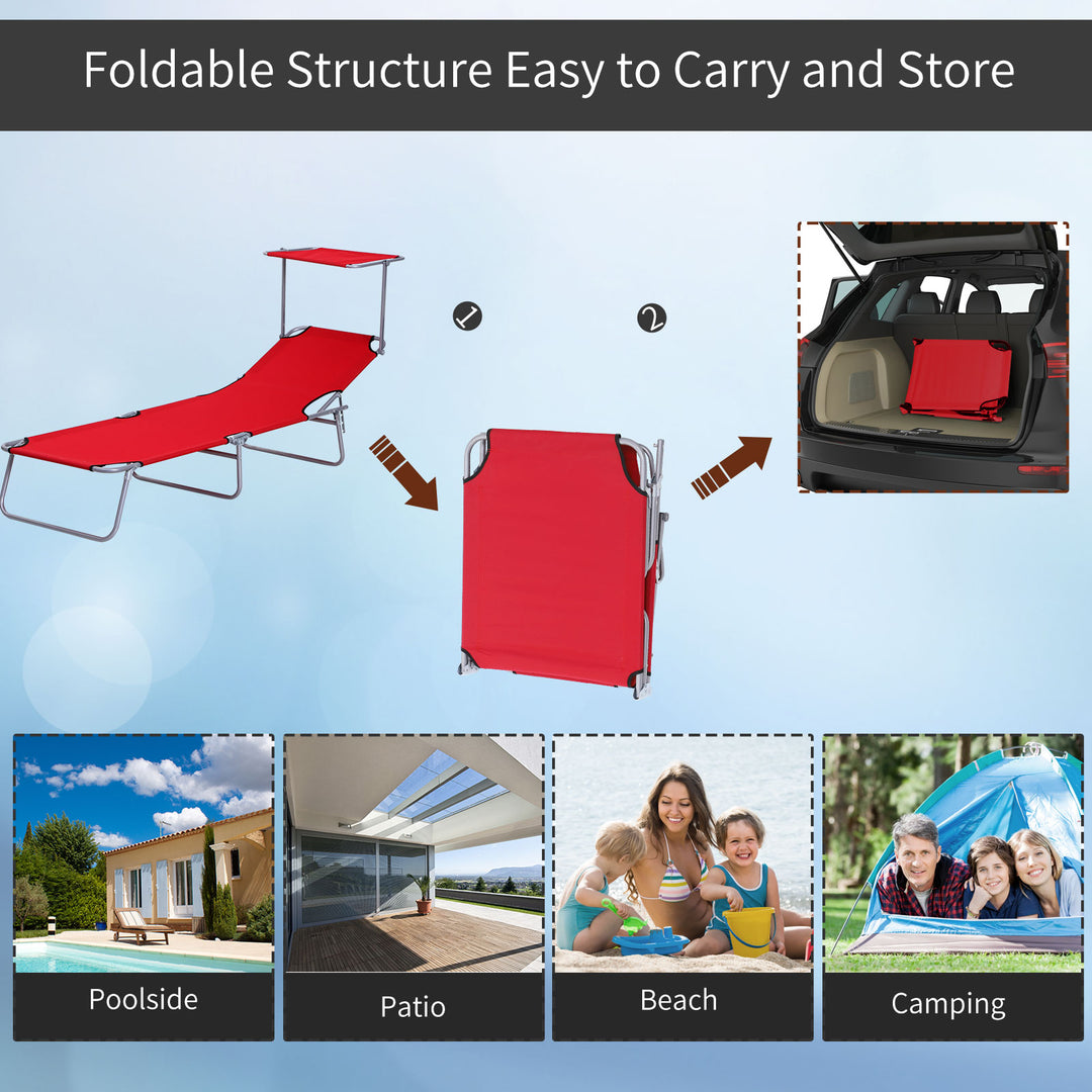 4-Level Folding Chaise Flat Recliner Seat Chair Lounger Cot w Sun Shade Beach Patio Deck, Red