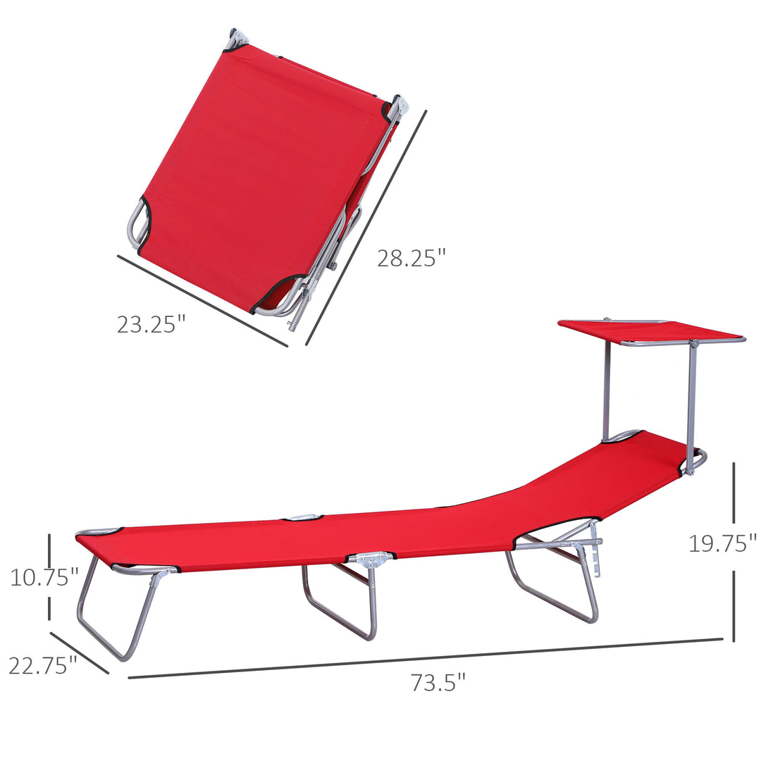 4-Level Folding Chaise Flat Recliner Seat Chair Lounger Cot w Sun Shade Beach Patio Deck, Red