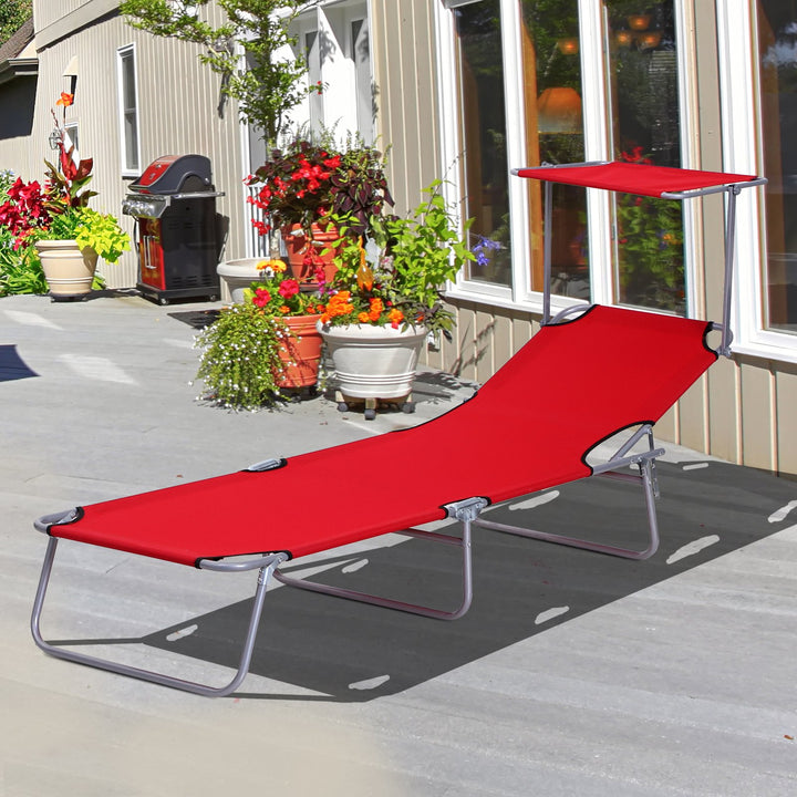 4-Level Folding Chaise Flat Recliner Seat Chair Lounger Cot w Sun Shade Beach Patio Deck, Red