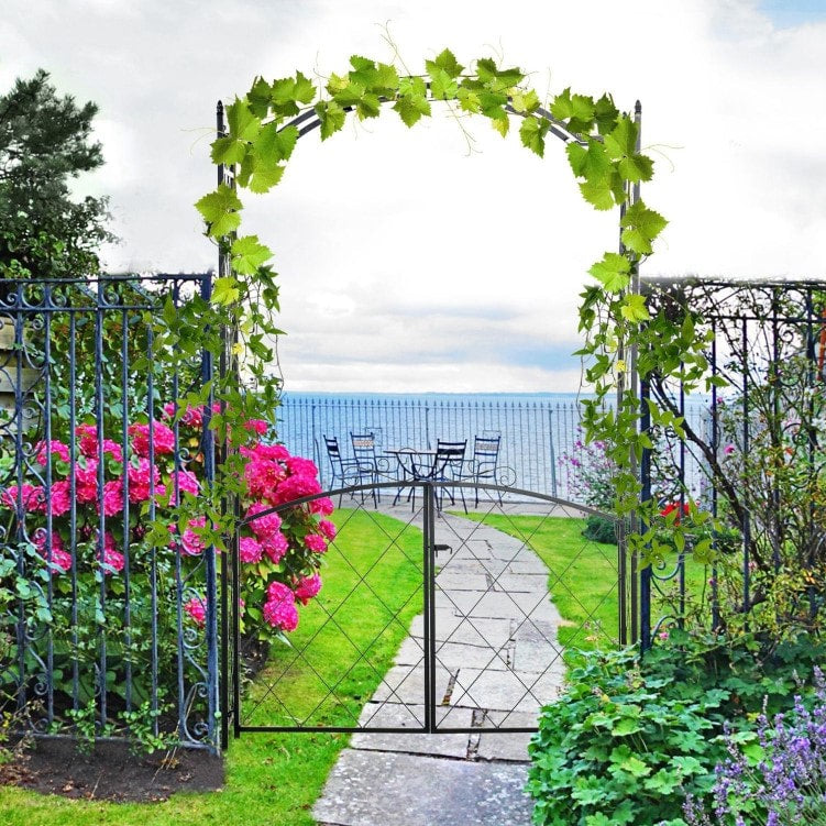 7ft Decorative Metal Garden Arbor Arch Pergola Trellis w Gate for Outdoor Yard Vines - Black