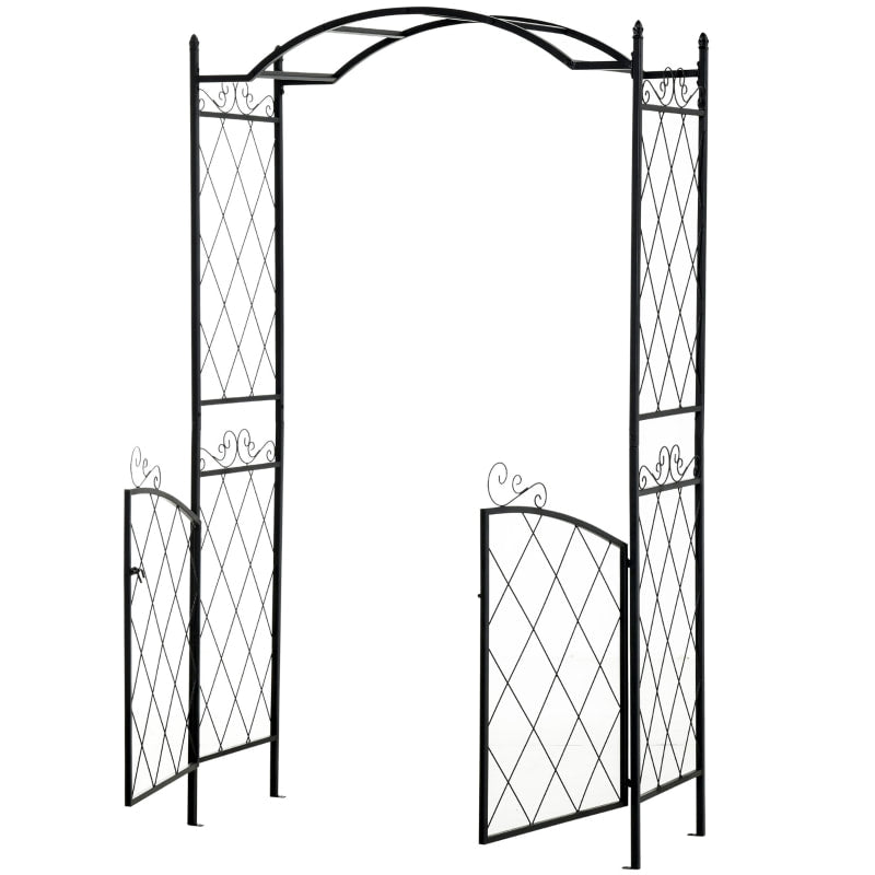 7ft Decorative Metal Garden Arbor Arch Pergola Trellis w Gate for Outdoor Yard Vines - Black