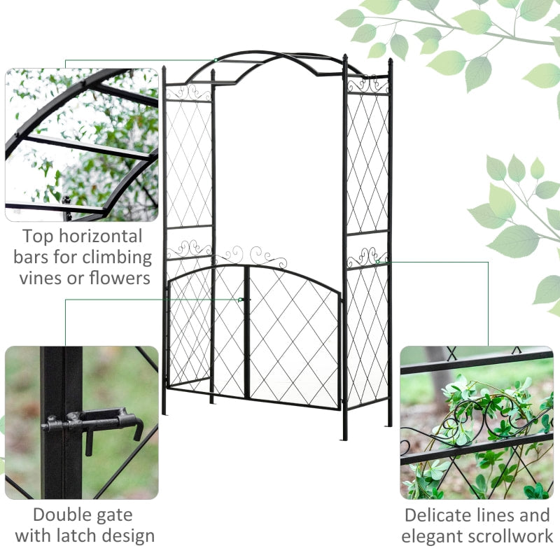 7ft Decorative Metal Garden Arbor Arch Pergola Trellis w Gate for Outdoor Yard Vines - Black