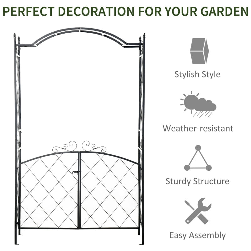 7ft Decorative Metal Garden Arbor Arch Pergola Trellis w Gate for Outdoor Yard Vines - Black
