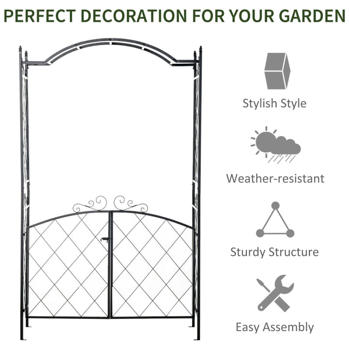 7ft Decorative Metal Garden Arbor Arch Pergola Trellis w Gate for Outdoor Yard Vines - Black