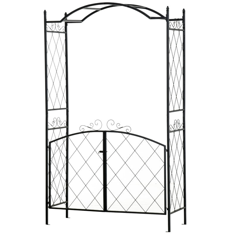 7ft Decorative Metal Garden Arbor Arch Pergola Trellis w Gate for Outdoor Yard Vines - Black