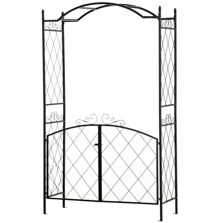 7ft Decorative Metal Garden Arbor Arch Pergola Trellis w Gate for Outdoor Yard Vines - Black