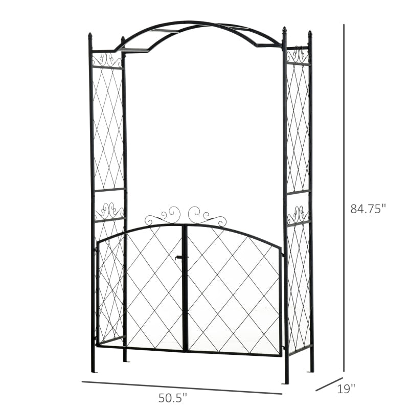 7ft Decorative Metal Garden Arbor Arch Pergola Trellis w Gate for Outdoor Yard Vines - Black