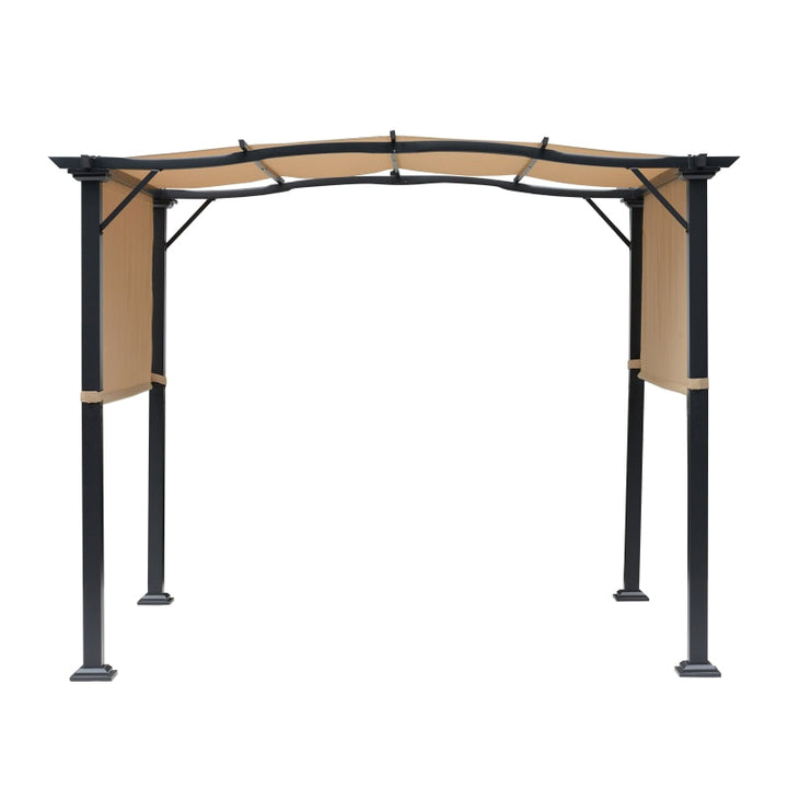 10' x 8' Steel Pergola Gazebo Shelter w Fabric Shade, Arc Roof for Deck Patio, Black w Khaki