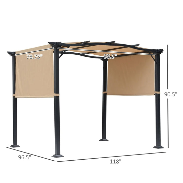 10' x 8' Steel Pergola Gazebo Shelter w Fabric Shade, Arc Roof for Deck Patio, Black w Khaki