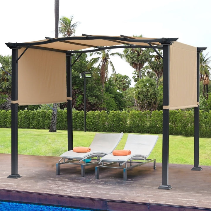 10' x 8' Steel Pergola Gazebo Shelter w Fabric Shade, Arc Roof for Deck Patio, Black w Khaki