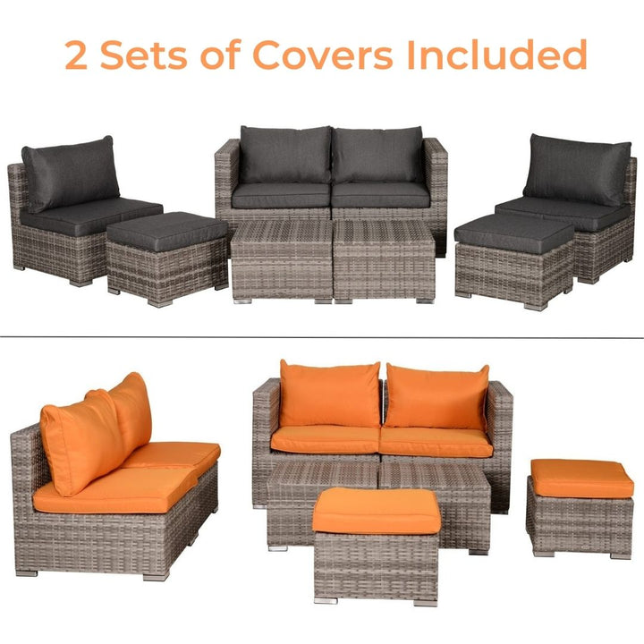 8pc PE Rattan Wicker Space Saving Sectional Conversation Set w/ Cushions - Mixed Grey, Orange