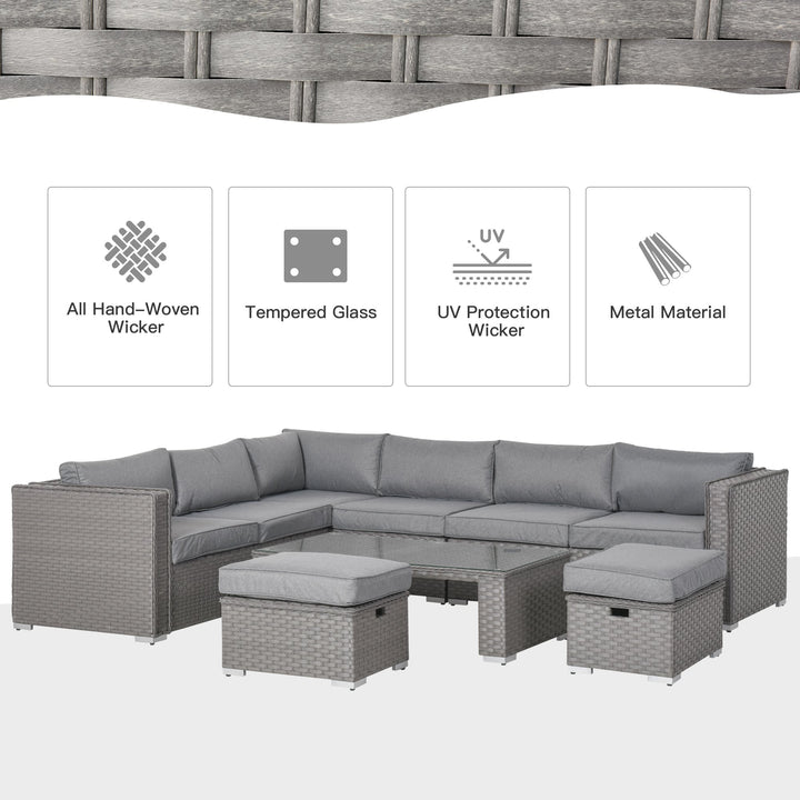 6pc L-Shape Aluminum PE Rattan Wicker Conversation Patio Set w/ Cushions, Footstools - Grey