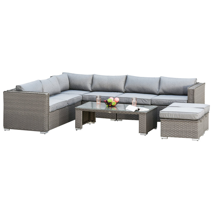 6pc L-Shape Aluminum PE Rattan Wicker Conversation Patio Set w/ Cushions, Footstools - Grey