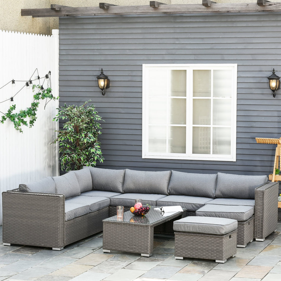 6pc L-Shape Aluminum PE Rattan Wicker Conversation Patio Set w/ Cushions, Footstools - Grey