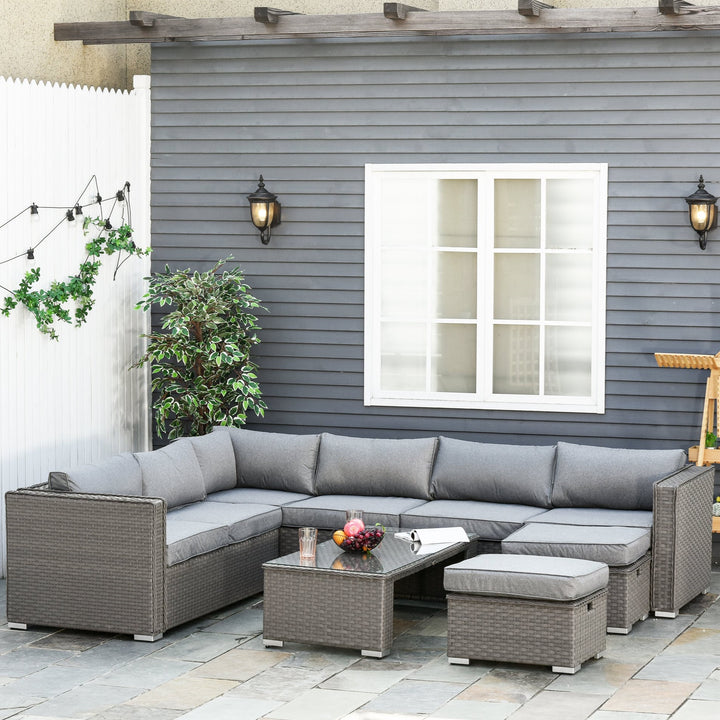 6pc L-Shape Aluminum PE Rattan Wicker Conversation Patio Set w/ Cushions, Footstools - Grey