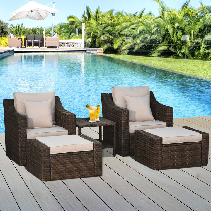 5pc PE Rattan Wicker Conversation Set w/ Armchairs, Cushions, Footstools Patio - Beige, Blue