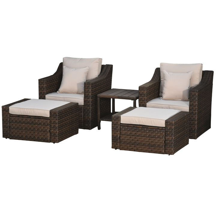 5pc PE Rattan Wicker Conversation Set w/ Armchairs, Cushions, Footstools Patio - Beige, Blue