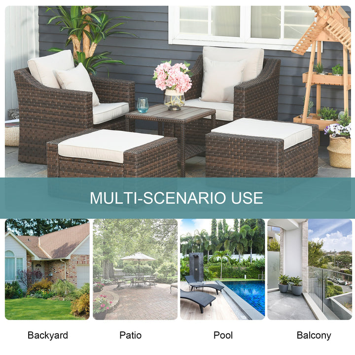 5pc PE Rattan Wicker Conversation Set w/ Armchairs, Cushions, Footstools Patio - Beige, Blue