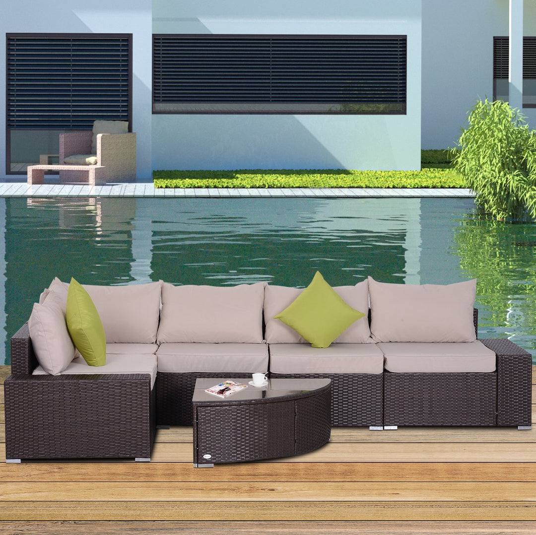 6pc PE Rattan Wicker L-Shape Sectional Conversation Set w/ Cushions Outdoor Patio – Brown Beige