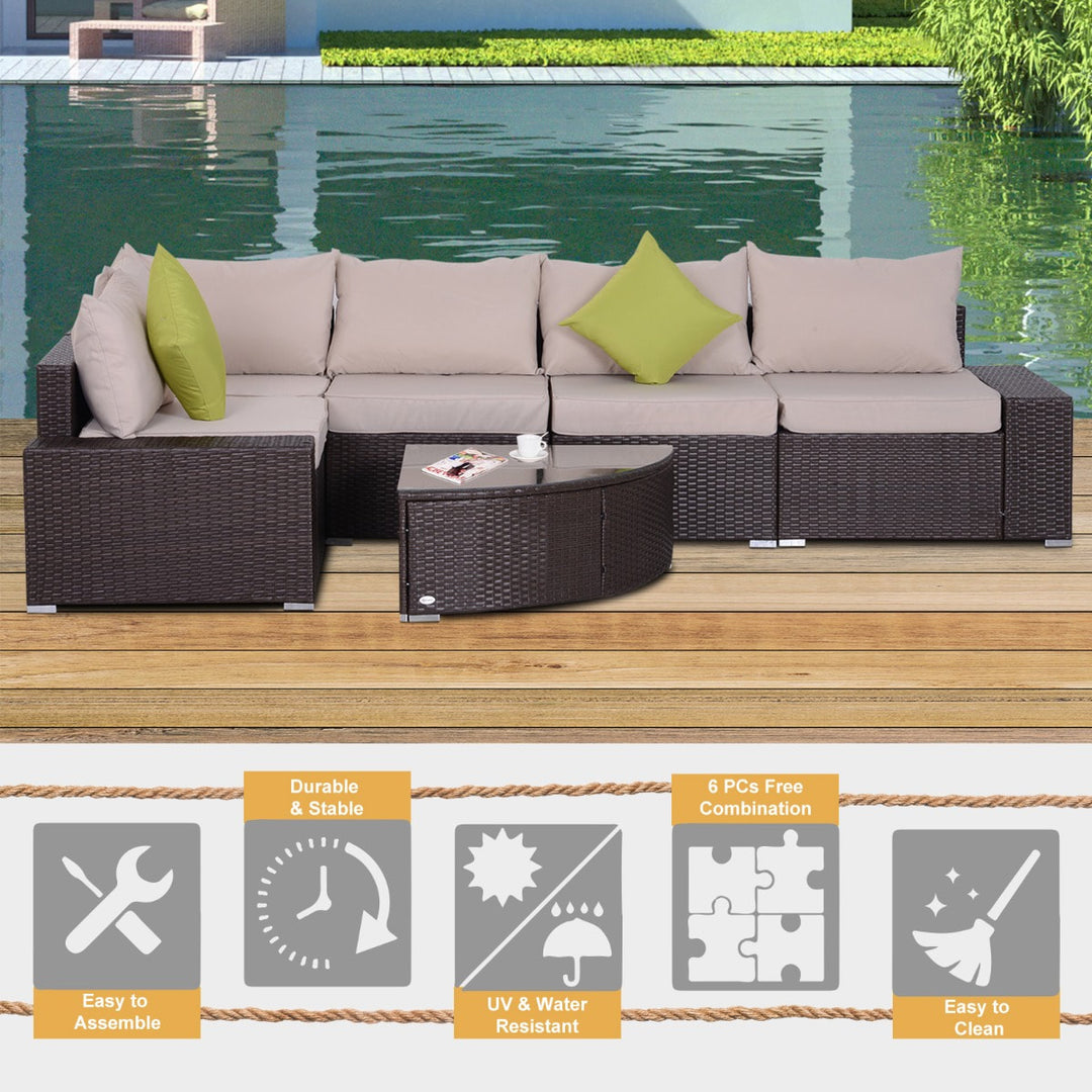6pc PE Rattan Wicker L-Shape Sectional Conversation Set w/ Cushions Outdoor Patio – Brown Beige