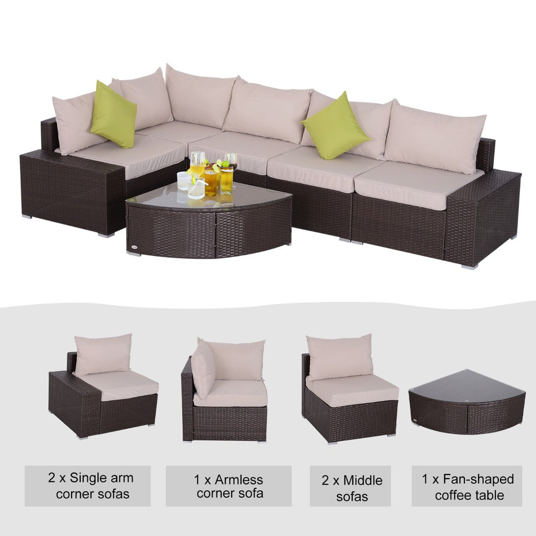 6pc PE Rattan Wicker L-Shape Sectional Conversation Set w/ Cushions Outdoor Patio – Brown Beige