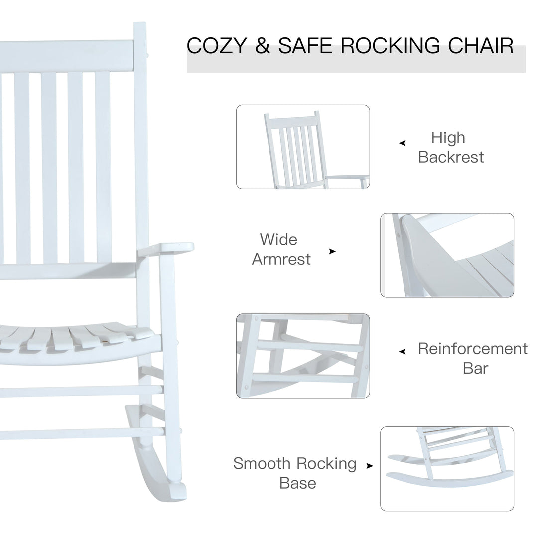 Classic Wood Porch Rocking Chair Lounger for Indoor Outdoor Patio Backyard Garden Deck - White