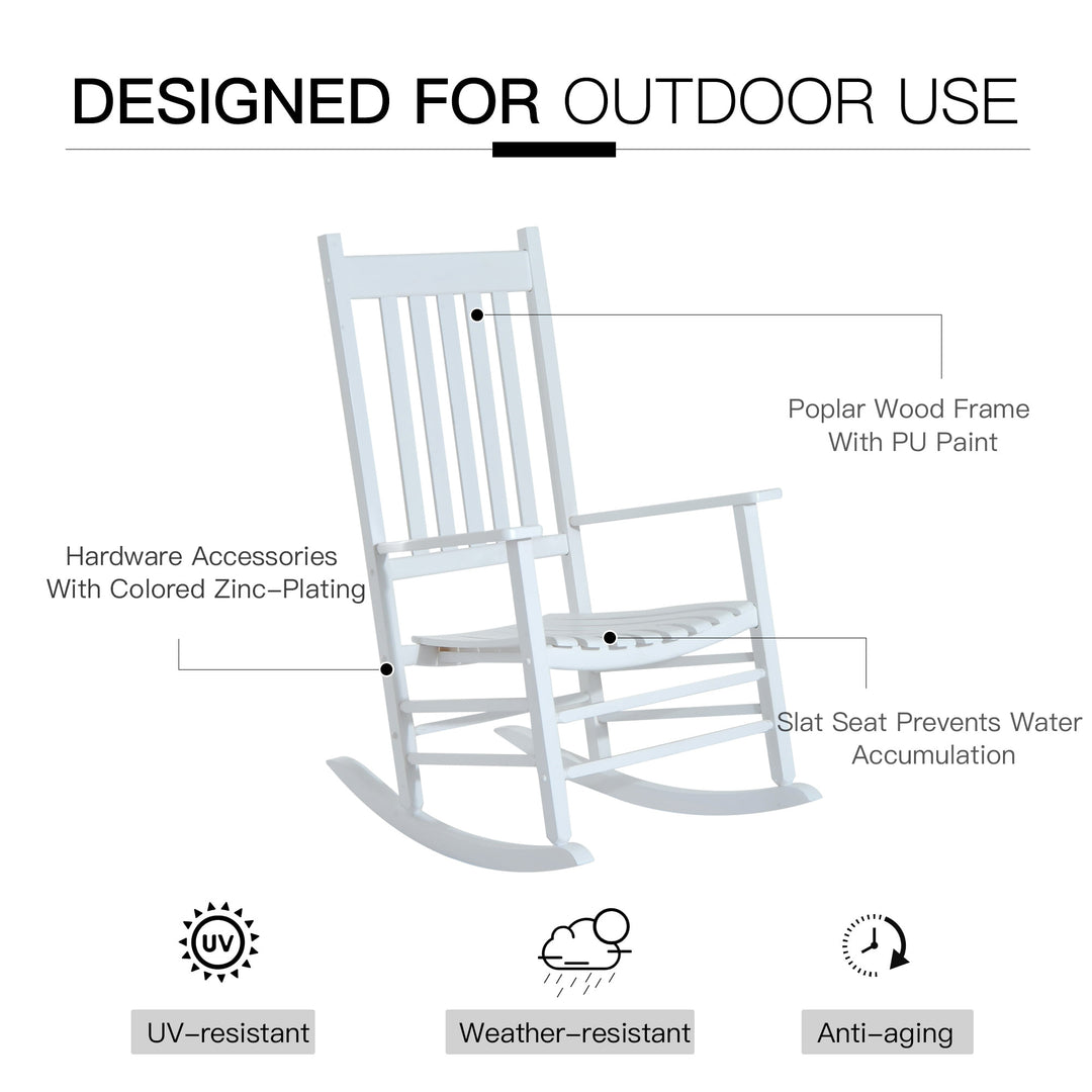 Classic Wood Porch Rocking Chair Lounger for Indoor Outdoor Patio Backyard Garden Deck - White