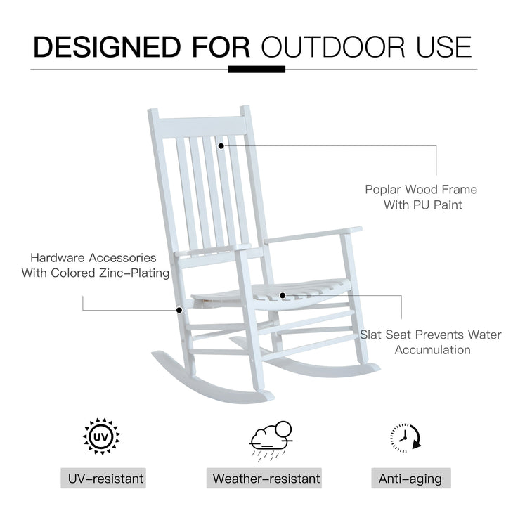 Classic Wood Porch Rocking Chair Lounger for Indoor Outdoor Patio Backyard Garden Deck - White
