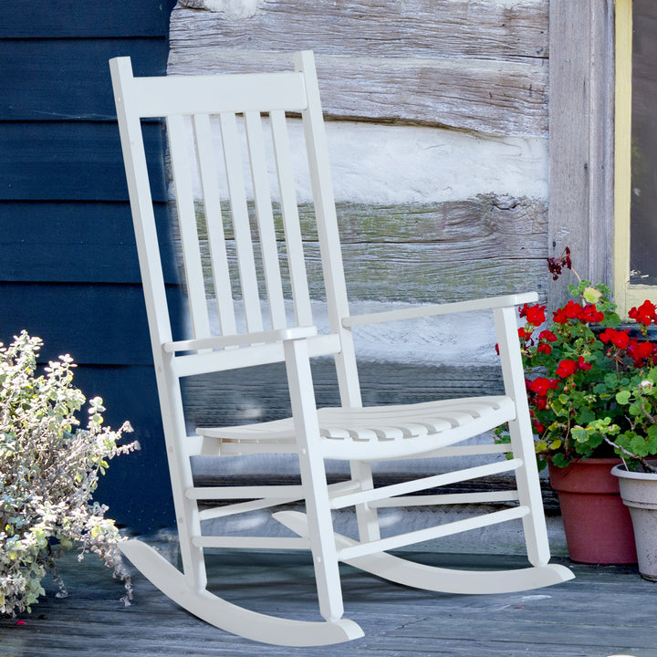 Classic Wood Porch Rocking Chair Lounger for Indoor Outdoor Patio Backyard Garden Deck - White