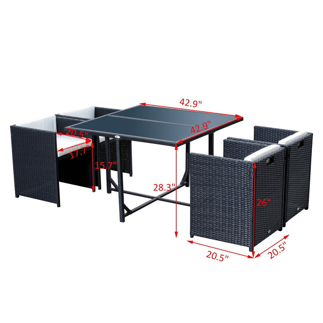 5pc Compact PE Rattan Wicker Dining Table Set w Cushions for Outdoor Patio - Black, Cream White