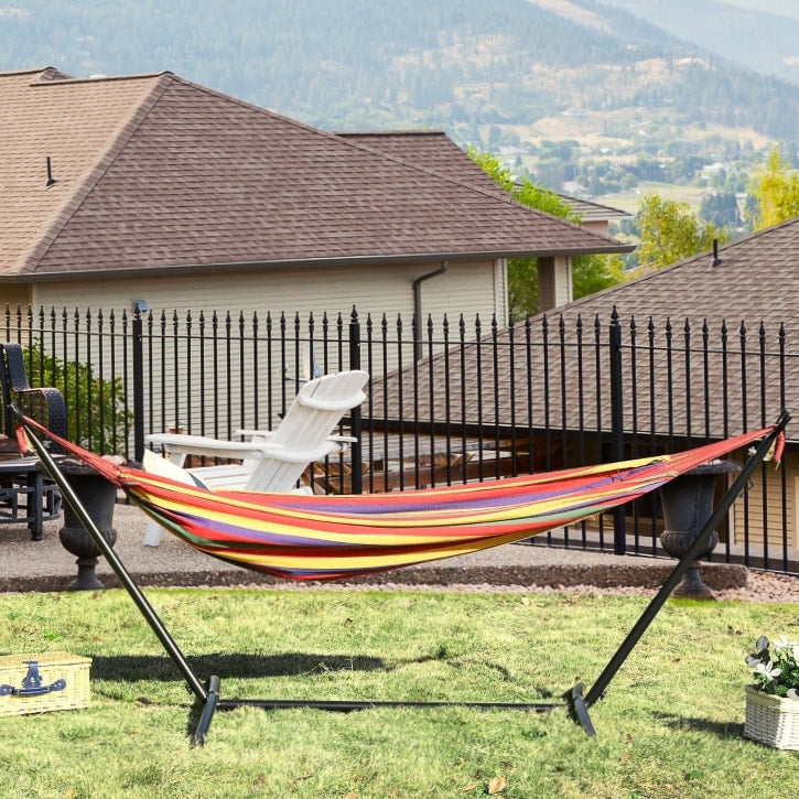 Freestanding Cotton Sling Brazilian Hammock Lounger w Steel Stand, Garden Patio Deck, Rainbow