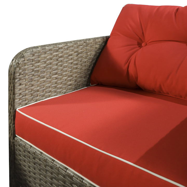 5pc PE Rattan Wicker Conversation Patio Set w Armchairs, Cushions, Footstools, Red, Tan Brown