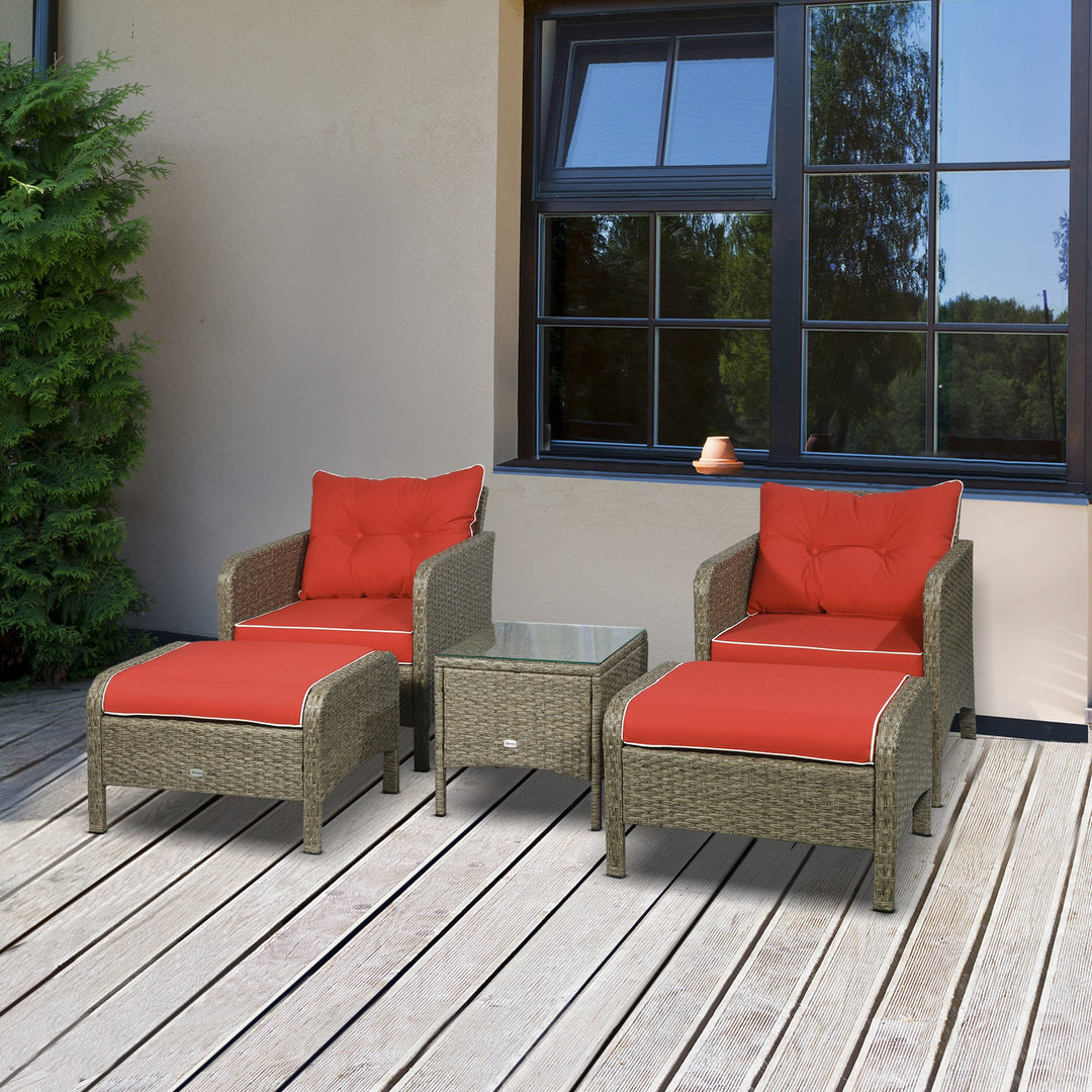 5pc PE Rattan Wicker Conversation Patio Set w Armchairs, Cushions, Footstools, Red, Tan Brown