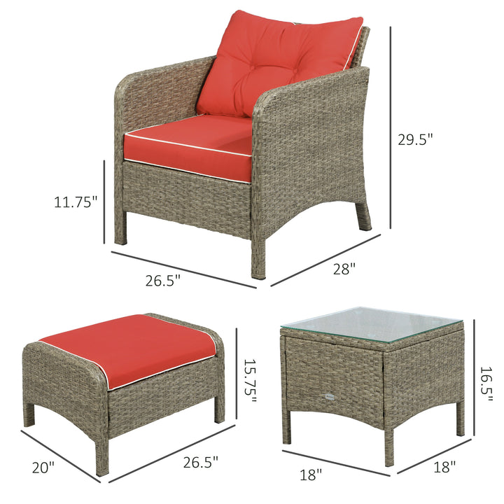 5pc PE Rattan Wicker Conversation Patio Set w Armchairs, Cushions, Footstools, Red, Tan Brown