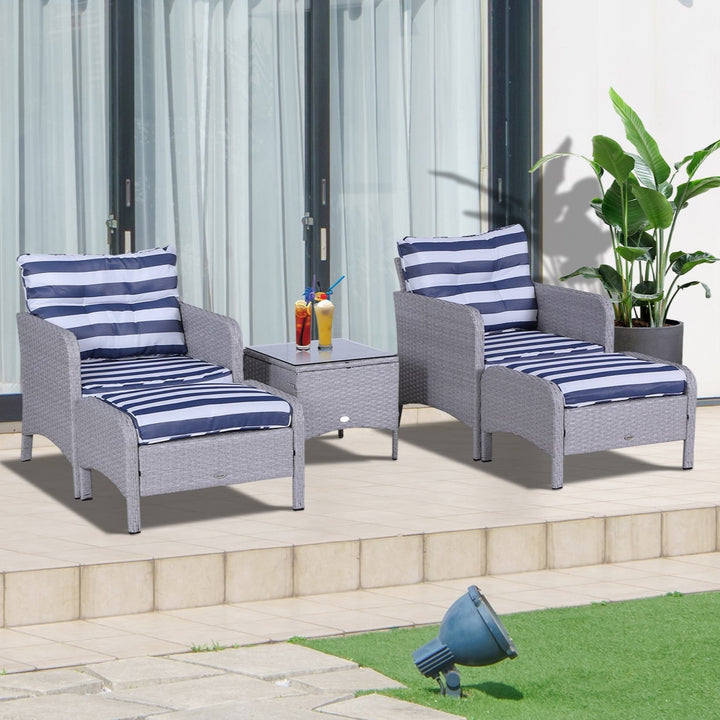 5pc PE Rattan Wicker Conversation Patio Set w Armchairs, Cushions, Footstools, Blue, White