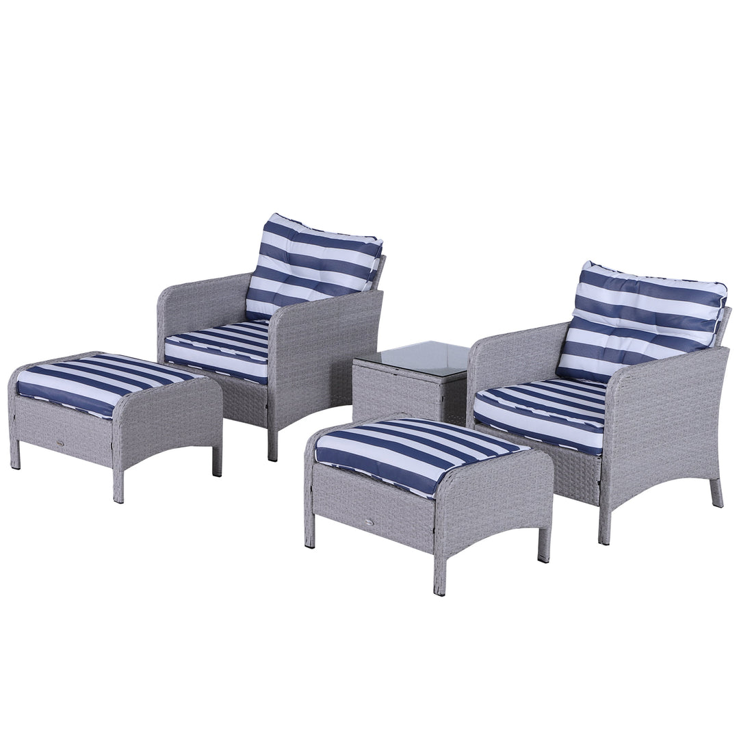 5pc PE Rattan Wicker Conversation Patio Set w Armchairs, Cushions, Footstools, Blue, White
