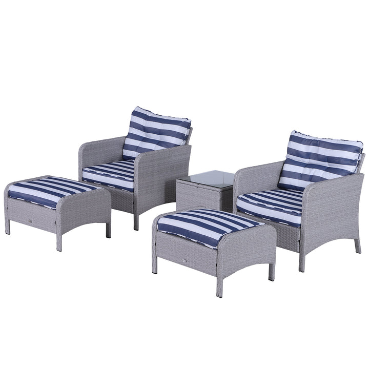 5pc PE Rattan Wicker Conversation Patio Set w Armchairs, Cushions, Footstools, Blue, White