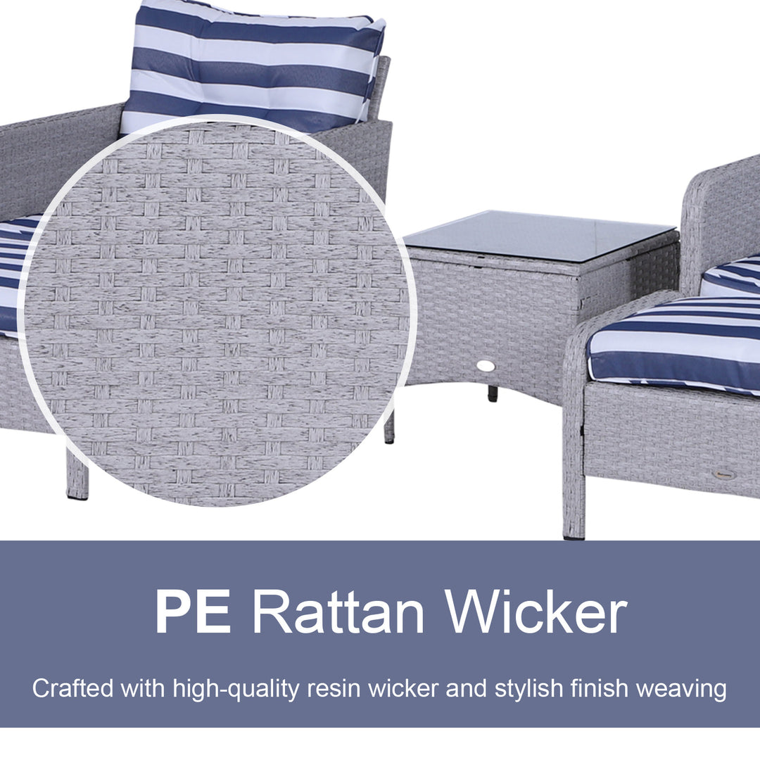 5pc PE Rattan Wicker Conversation Patio Set w Armchairs, Cushions, Footstools, Blue, White