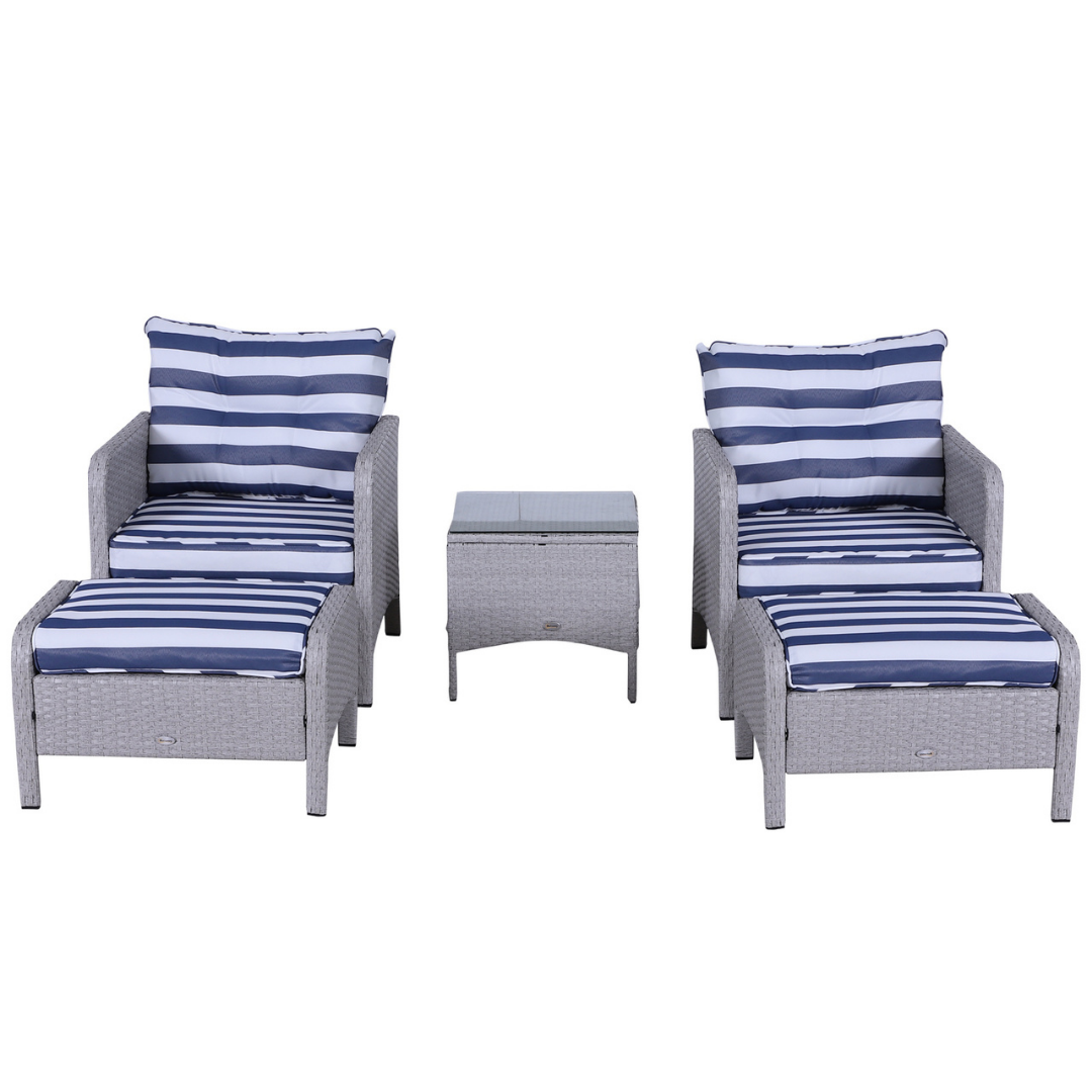 5pc PE Rattan Wicker Conversation Patio Set w Armchairs, Cushions, Footstools, Blue, White