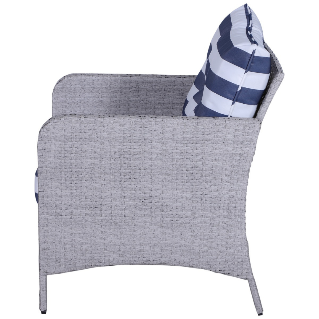 5pc PE Rattan Wicker Conversation Patio Set w Armchairs, Cushions, Footstools, Blue, White