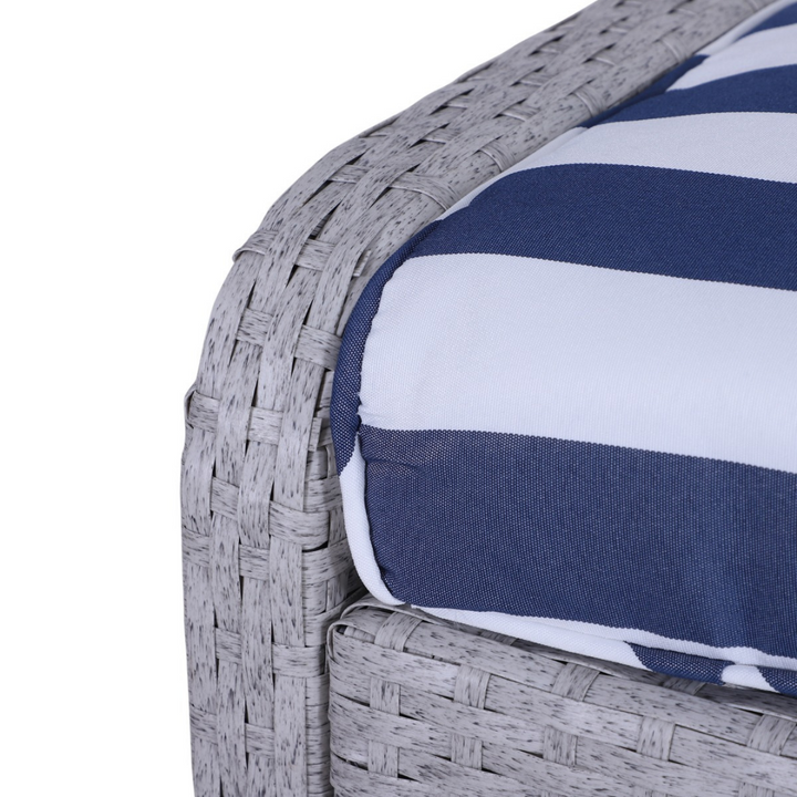 5pc PE Rattan Wicker Conversation Patio Set w Armchairs, Cushions, Footstools, Blue, White