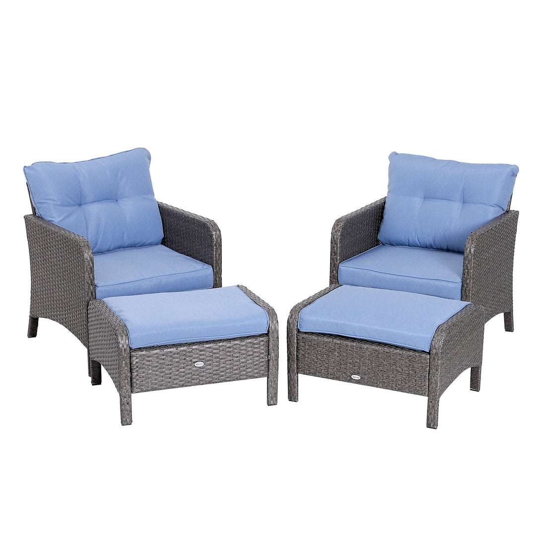5pc PE Rattan Wicker Conversation Set w/ Armchairs Cushions Footstools Outdoor Patio Blue, Grey