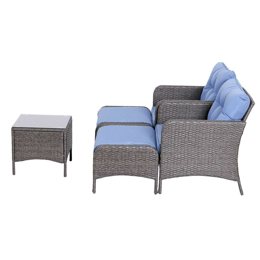 5pc PE Rattan Wicker Conversation Set w/ Armchairs Cushions Footstools Outdoor Patio Blue, Grey
