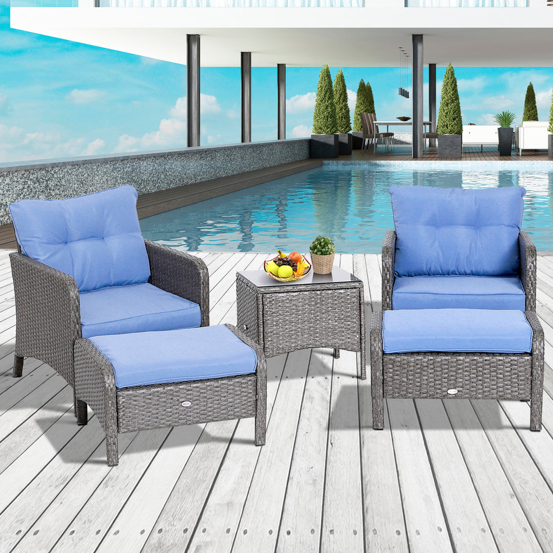 5pc PE Rattan Wicker Conversation Set w/ Armchairs Cushions Footstools Outdoor Patio Blue, Grey